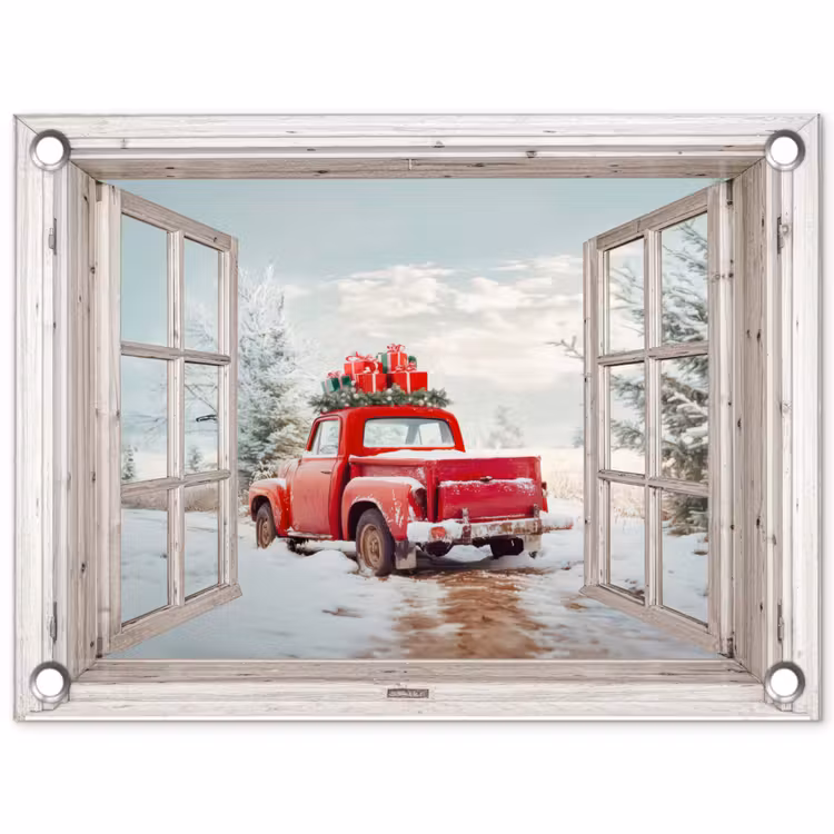 Tuinposter - Auto - Rood - Cadeaus - Winter - Kerst - Doorkijk - Wit — 1