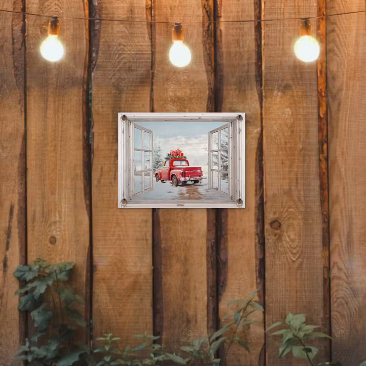 Tuinposter - Auto - Rood - Cadeaus - Winter - Kerst - Doorkijk - Wit — 2