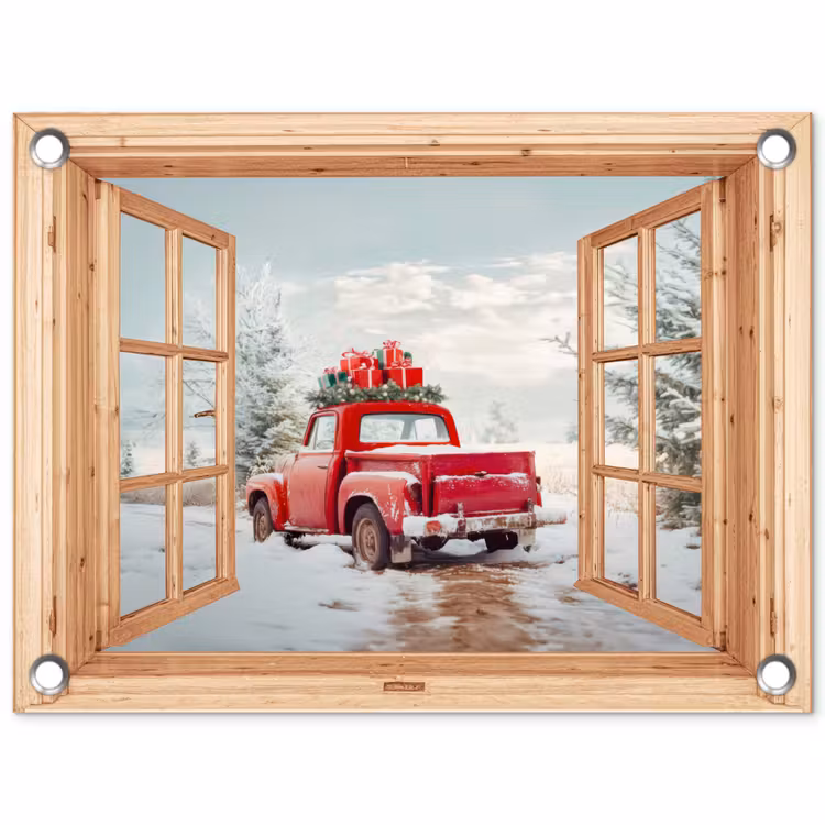 Tuinposter - Doorkijk - Auto - Kerst - Cadeaus - Winter - Landschap — 1