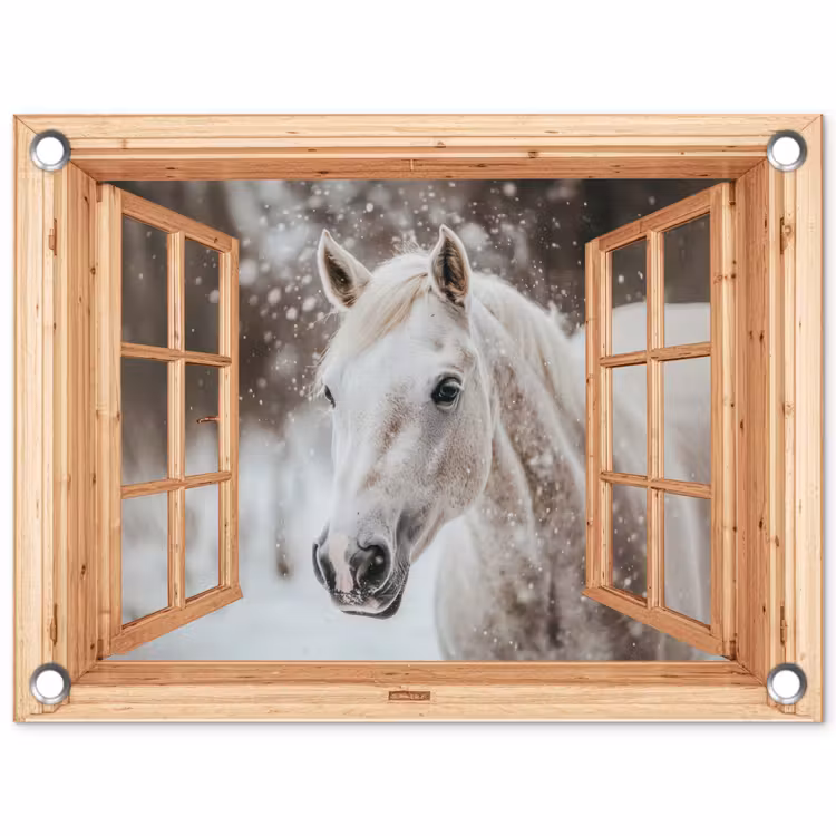 Tuinposter - Doorkijk - Paard - Wit - Winter - Sneeuw - Dieren — 1