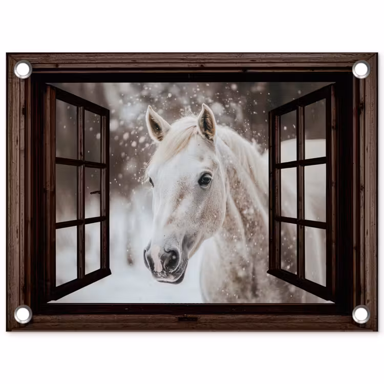Tuinposter - Doorkijk - Paard - Wit - Winterlandschap - Sneeuw — 1