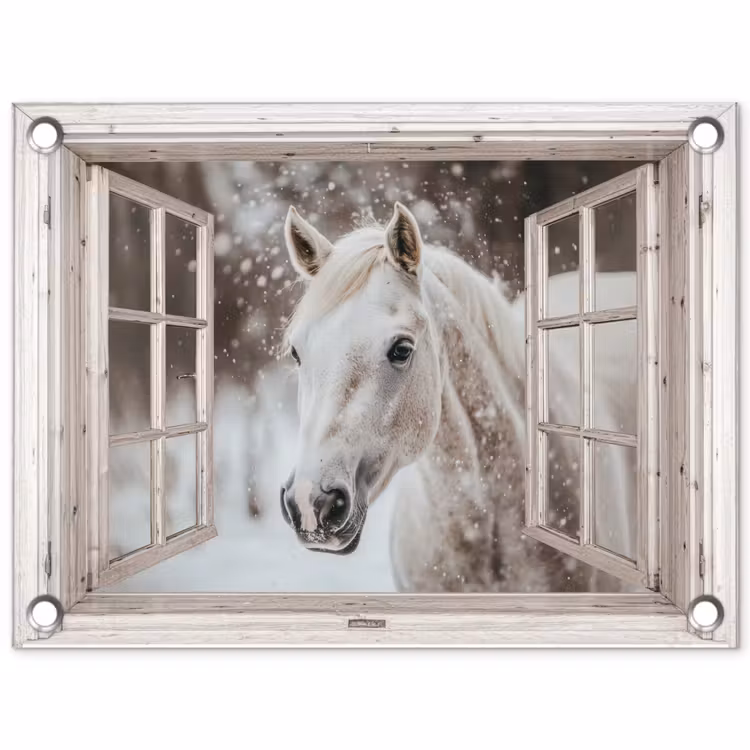 Tuinposter - Paard - Wit - Winter - Sneeuw - Doorkijk - Dieren — 1
