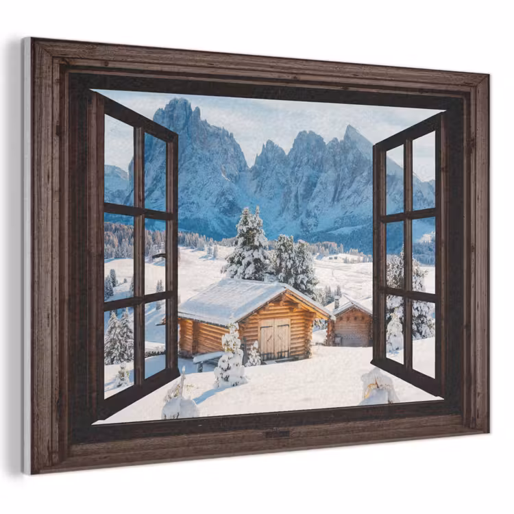 Akoestisch schilderij - Doorkijk - Winter - Landschap - Huisje - Bergen — 1