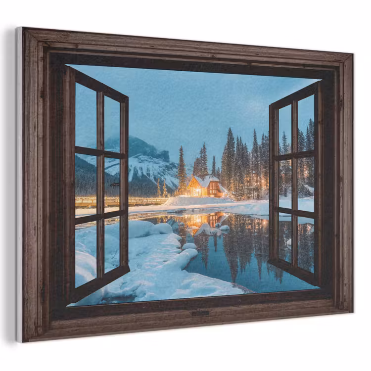 Akoestisch schilderij - Doorkijk - Winter - Landschap - Natuur - Huis - Bergen — 1