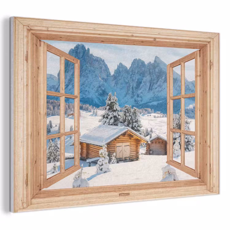 Akoestisch schilderij - Doorkijk - Winterlandschap - Huisje - Bergen - Uitzicht — 1