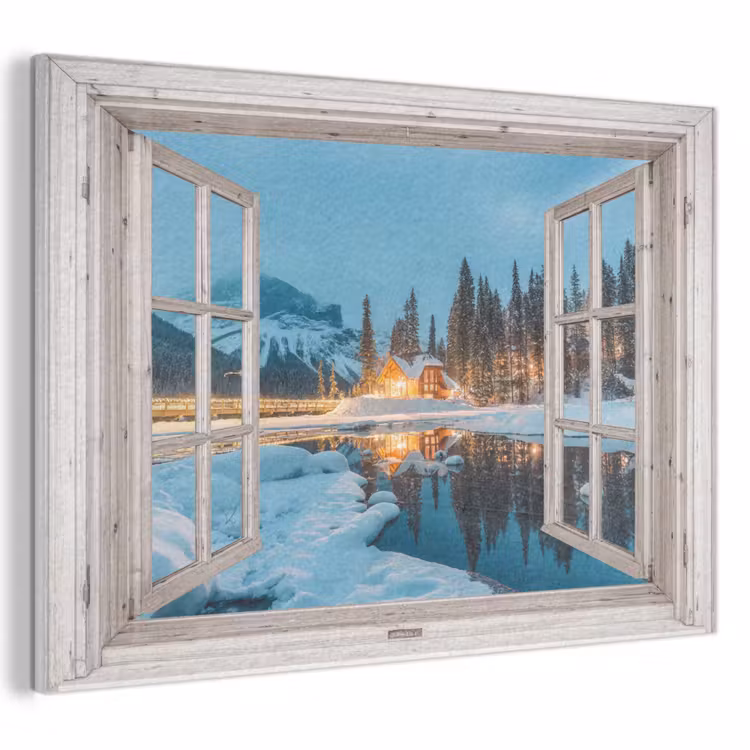 Akoestisch schilderij - Doorkijk - Winterlandschap - Natuur - Huis - Bergen — 1