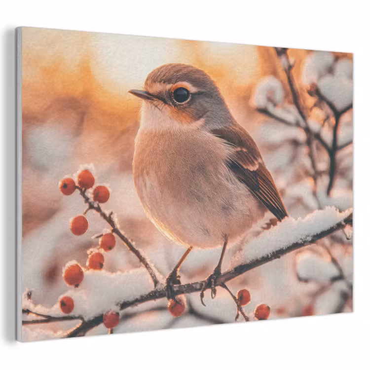 Akoestisch schilderij - Vogel - Tak - Winter - Dieren - Sneeuw — 1