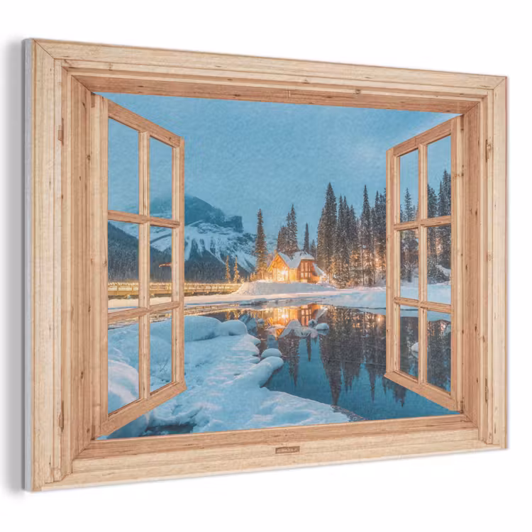 Akoestisch schilderij - Winterlandschap - Natuur - Huis - Bergen - Doorkijk - Raam — 1