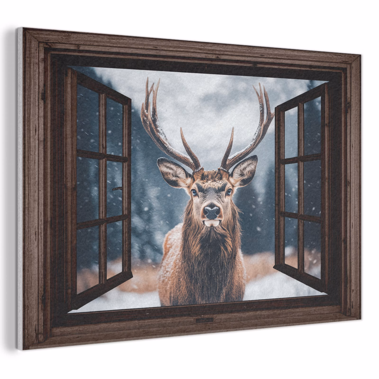 Akoestisch schilderij - Doorkijk - Hert - Dieren - Landschap - Winter - Sneeuw - Landelijk — 1