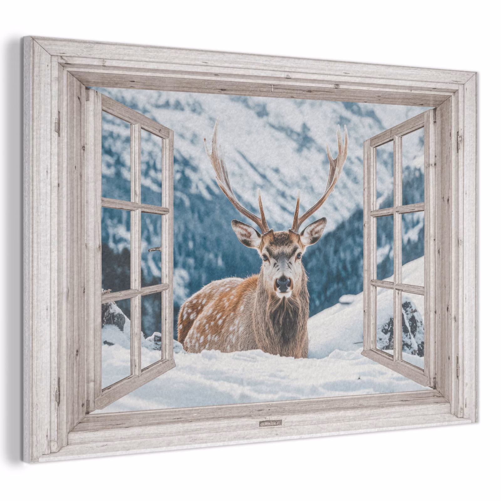 Akoestisch schilderij - Hert - Winterlandschap - Natuur - Dieren - Doorkijk - Bergen — 1