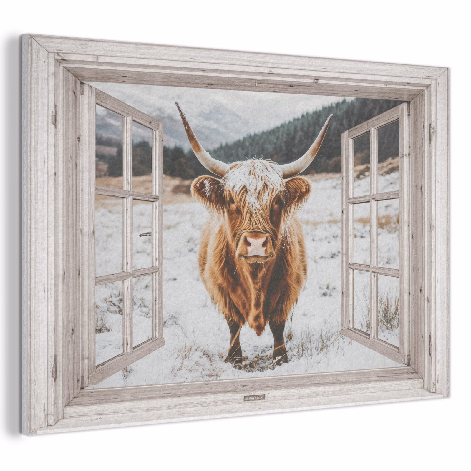 Akoestisch schilderij - Schotse Hooglander - Winterlandschap - Landelijk - Bergen - Doorkijk — 1