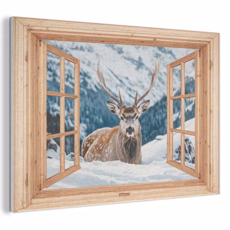 Akoestisch schilderij - Doorkijk - Hert - Landschap - Winter - Natuur - Dieren - Bergen — 1