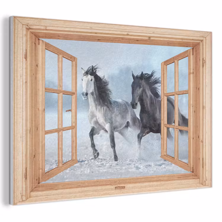 Akoestisch schilderij - Doorkijk - Paarden - Winter - Dieren - Natuur - Hout — 1