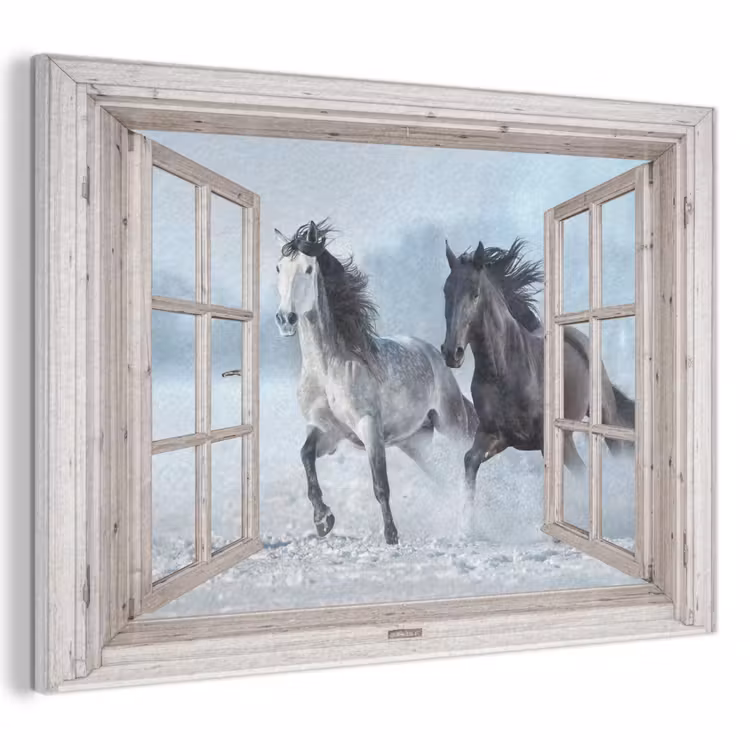 Akoestisch schilderij - Doorkijk - Paarden - Winter - Dieren - Natuur - Wit — 1