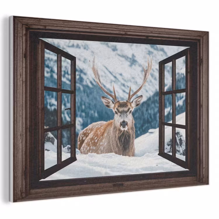 Akoestisch schilderij - Hert - Landschap - Winter - Natuur - Dieren - Doorkijk - Bergen — 1
