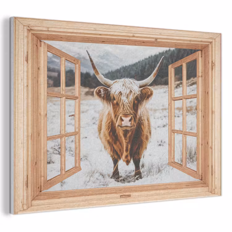 Akoestisch schilderij - Schotse Hooglander - Landschap - Landelijk - Bergen - Winter - Doorkijk — 1