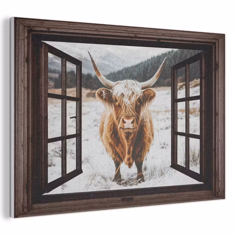 Akoestisch schilderij - Schotse Hooglander - Landschap - Landelijk - Bergen - Winter - Doorkijk - Donker — 1