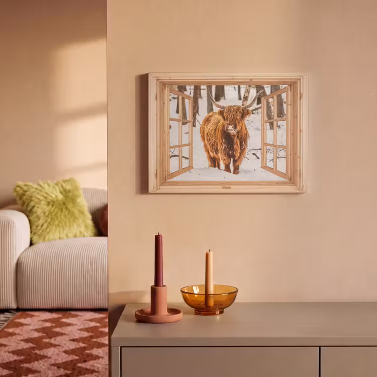 Akoestisch schilderij - Schotse Hooglander - Winter - Landschap - Natuur - Dieren - Doorkijk — 2