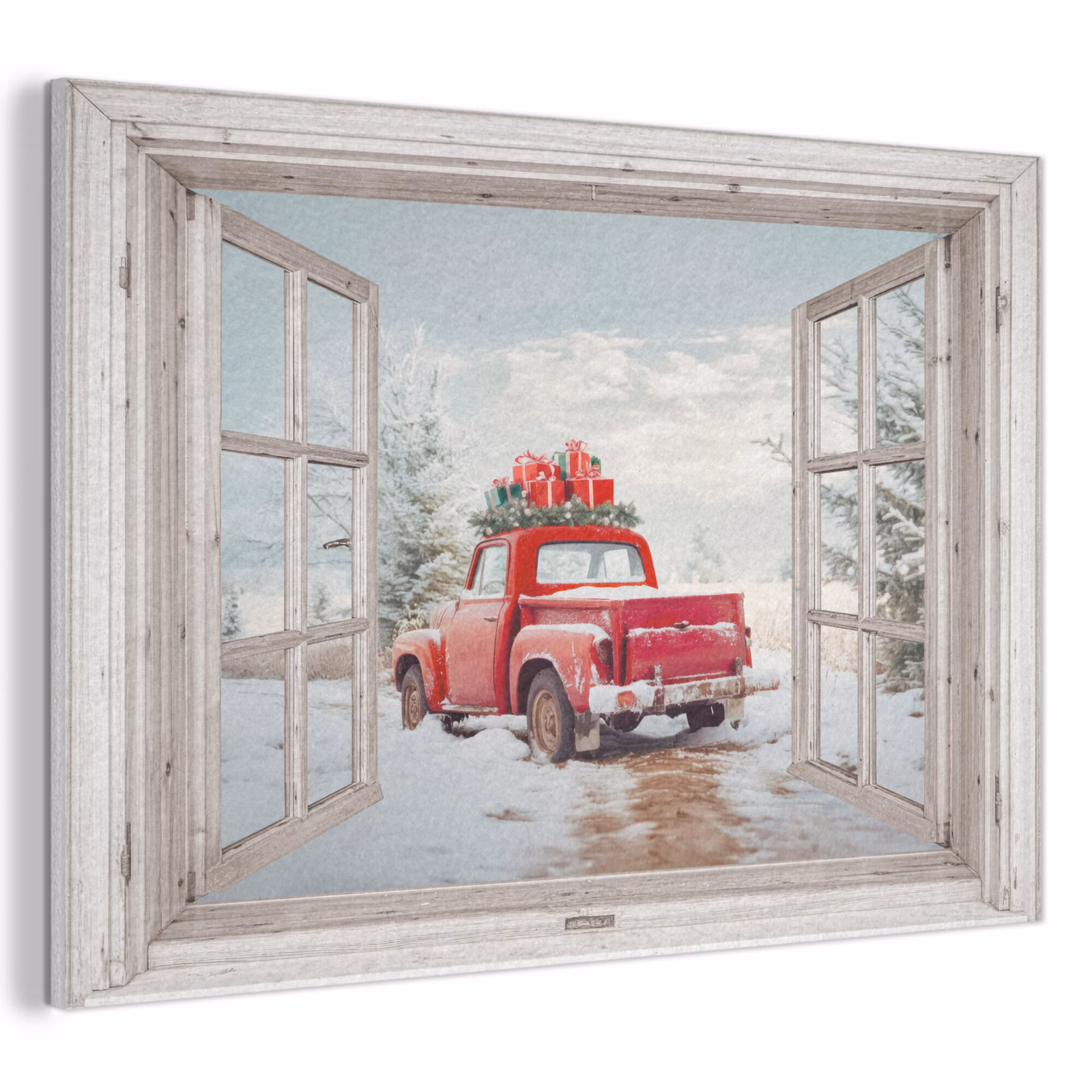 Akoestisch schilderij - Auto - Rood - Cadeaus - Winter - Kerst - Doorkijk - Wit — 1