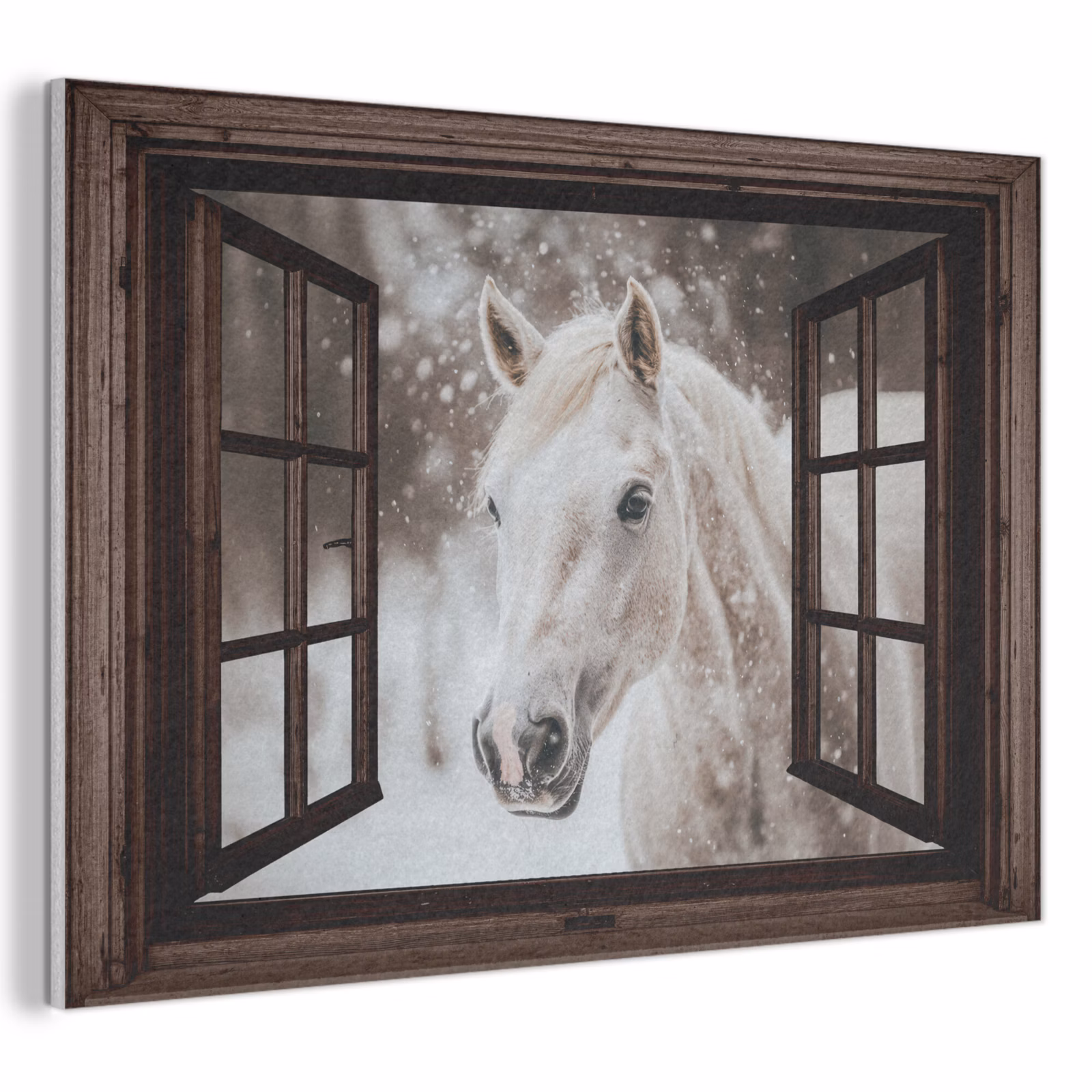 Akoestisch schilderij - Doorkijk - Paard - Wit - Winterlandschap - Sneeuw — 1