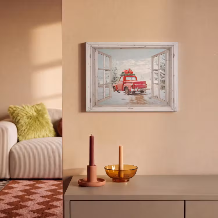 Akoestisch schilderij - Auto - Rood - Cadeaus - Winter - Kerst - Doorkijk - Wit — 2
