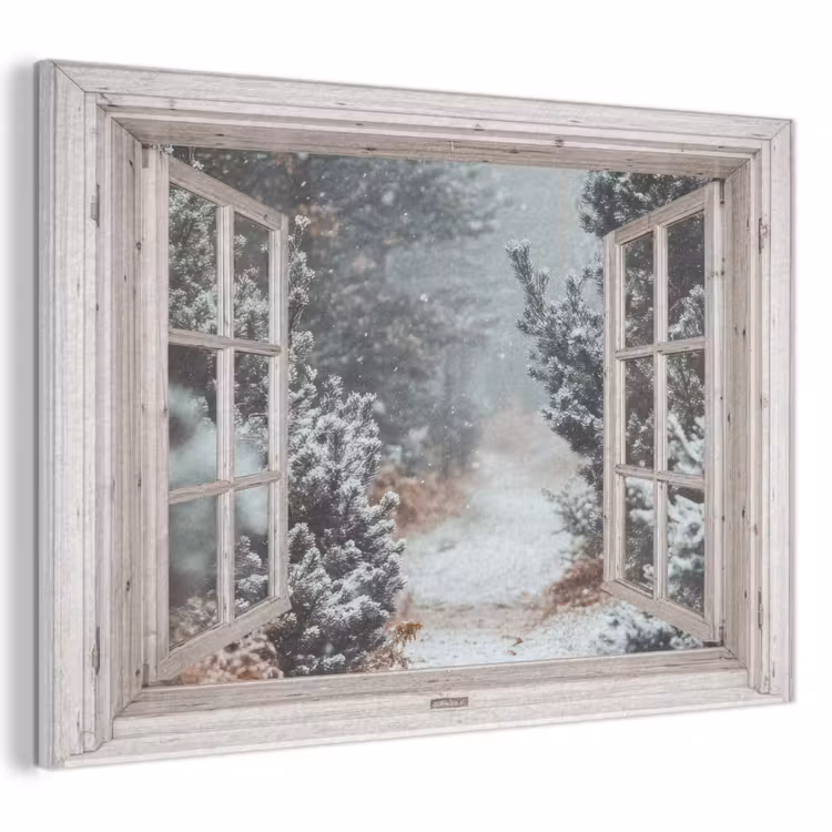 Akoestisch schilderij - Bos - Winter - Bomen - Natuur - Pad - Doorkijk - Wit — 1