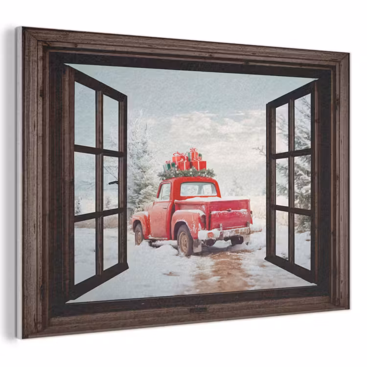 Akoestisch schilderij - Doorkijk - Auto - Rood - Cadeaus - Winterlandschap - Kerst — 1