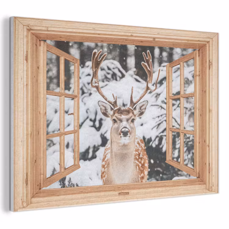 Akoestisch schilderij - Doorkijk - Hert - Sneeuw - Winter - Bos - Dieren — 1