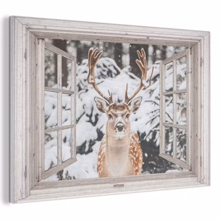 Akoestisch schilderij - Doorkijk - Hert - Sneeuw - Winter - Bos - Dieren - Natuur — 1