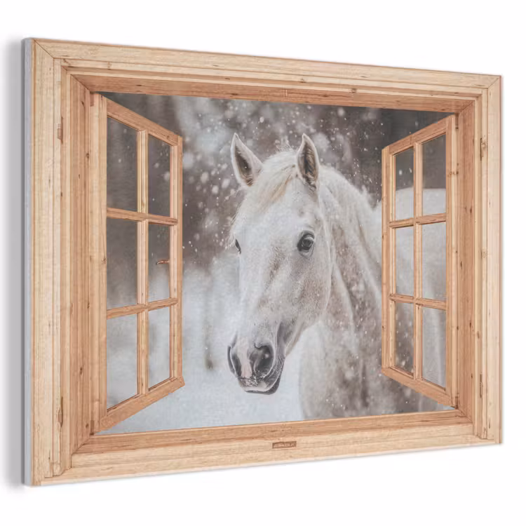 Akoestisch schilderij - Doorkijk - Paard - Wit - Winter - Sneeuw - Dieren — 1