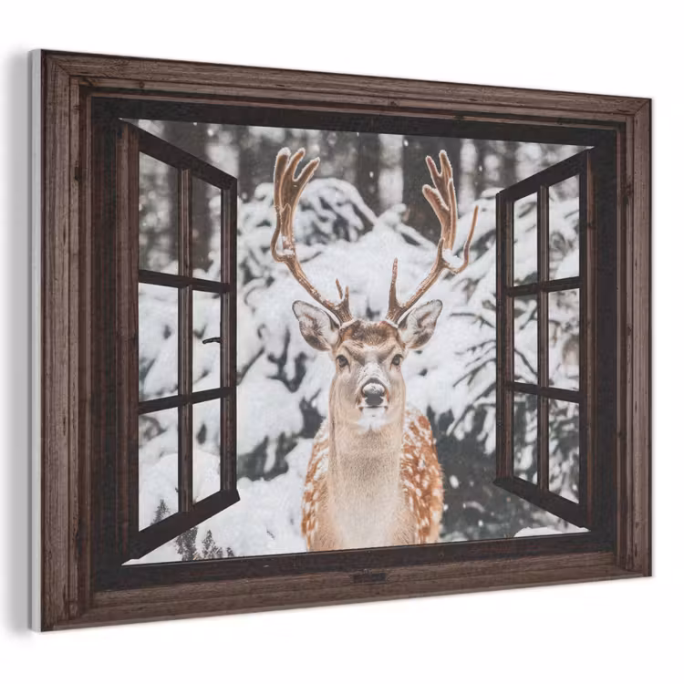 Akoestisch schilderij - Hert - Sneeuw - Winter - Bos - Dieren - Doorkijk — 1