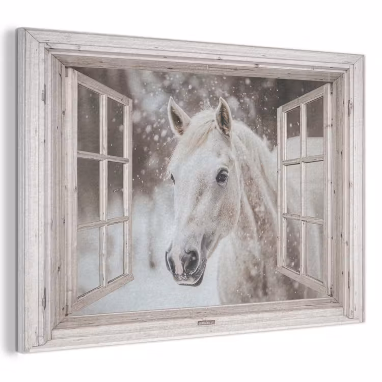 Akoestisch schilderij - Paard - Wit - Winter - Sneeuw - Doorkijk - Dieren — 1
