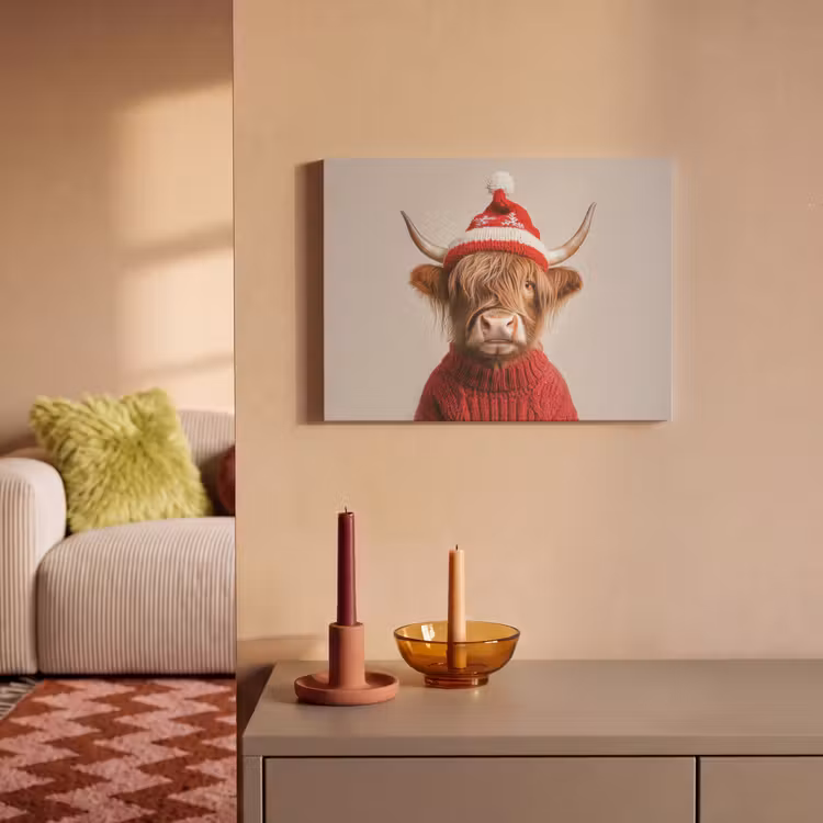 Akoestisch schilderij - Schotse Hooglander - Kerst - Muts - Trui - Winter — 2