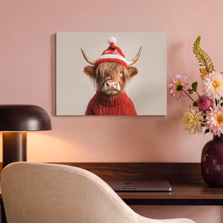 Akoestisch schilderij - Schotse Hooglander - Kerst - Muts - Trui - Winter — 4