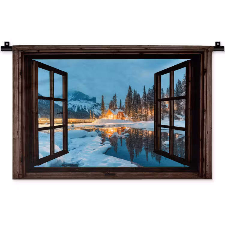 Wandkleed - Doorkijk - Winter - Landschap - Natuur - Huis - Bergen — 1
