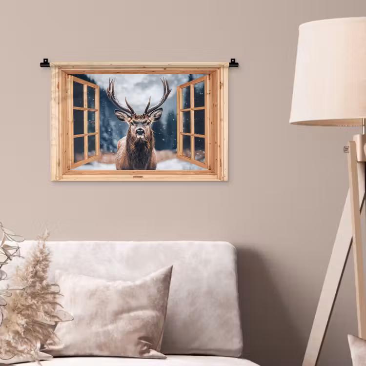 Wandkleed - Doorkijk - Hert - Dieren - Winterlandschap - Sneeuw — 2