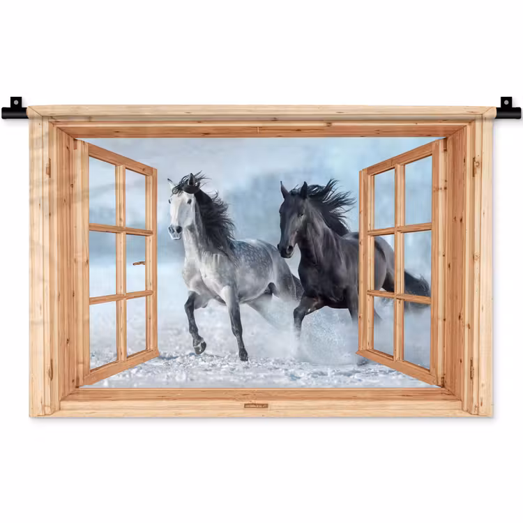 Wandkleed - Doorkijk - Paarden - Winter - Dieren - Natuur - Hout — 1