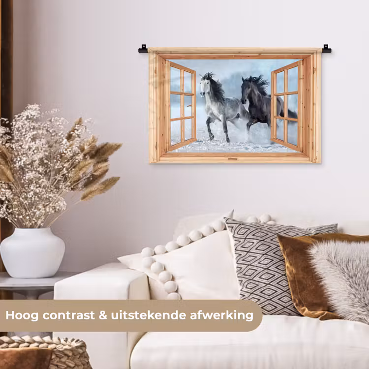 Wandkleed - Doorkijk - Paarden - Winter - Dieren - Natuur - Hout — 4