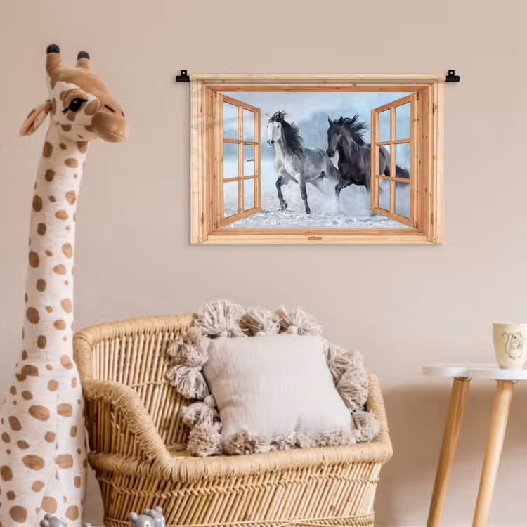 Wandkleed - Doorkijk - Paarden - Winter - Dieren - Natuur - Hout — 5