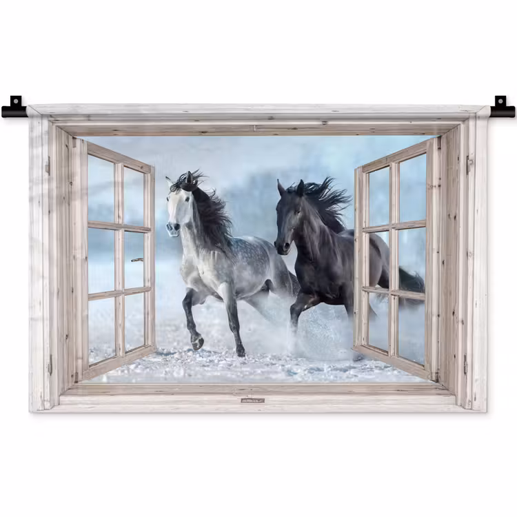 Wandkleed - Doorkijk - Paarden - Winter - Dieren - Natuur - Wit — 1