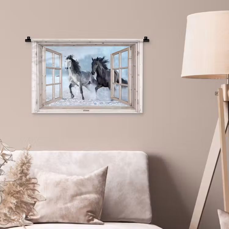 Wandkleed - Doorkijk - Paarden - Winter - Dieren - Natuur - Wit — 2