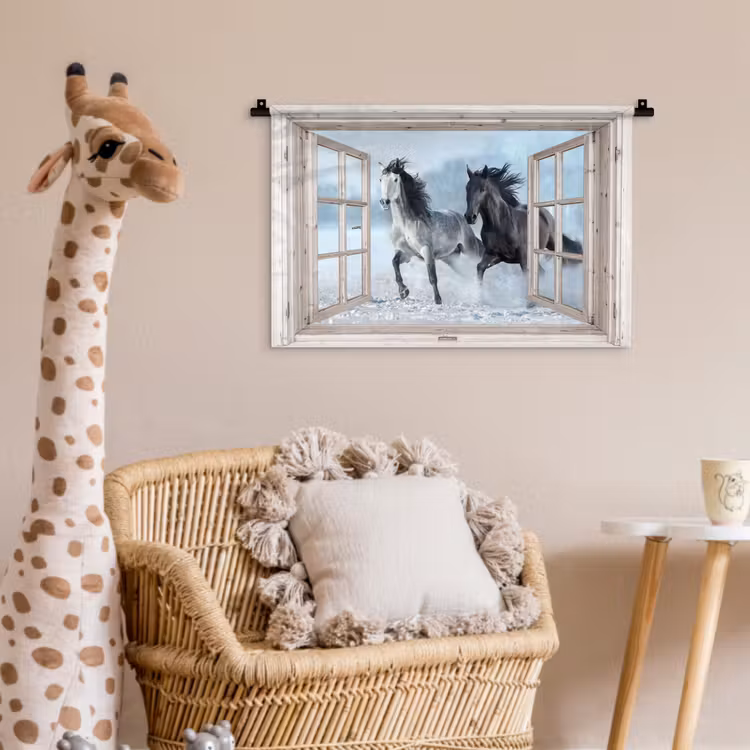 Wandkleed - Doorkijk - Paarden - Winter - Dieren - Natuur - Wit — 5