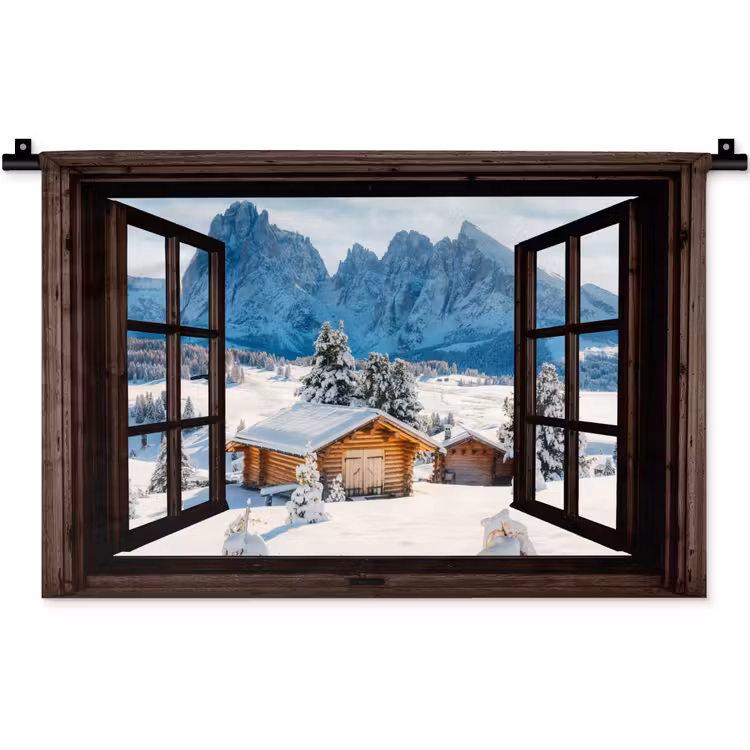 Wandkleed - Doorkijk - Winter - Landschap - Huisje - Bergen — 1
