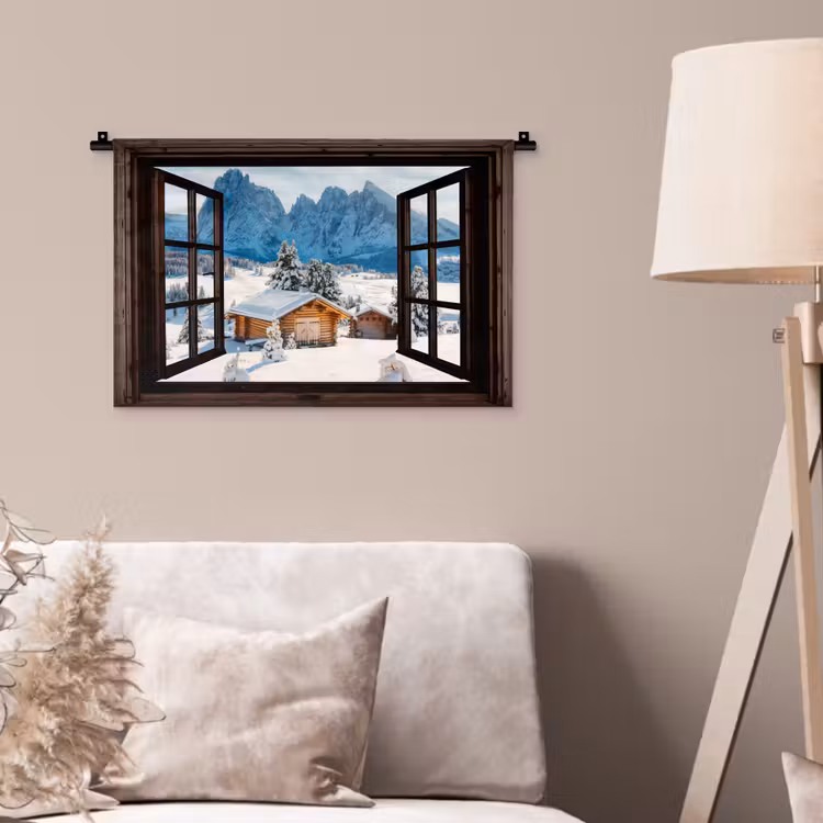 Wandkleed - Doorkijk - Winter - Landschap - Huisje - Bergen — 2
