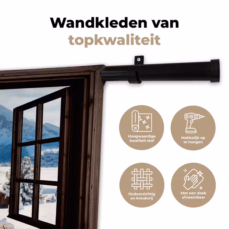 Wandkleed - Doorkijk - Winter - Landschap - Huisje - Bergen — 3