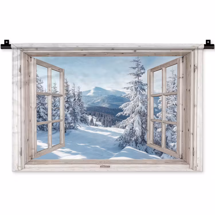 Wandkleed - Doorkijk - Winter - Landschap - Natuur - Berg - Bomen - Wit — 1