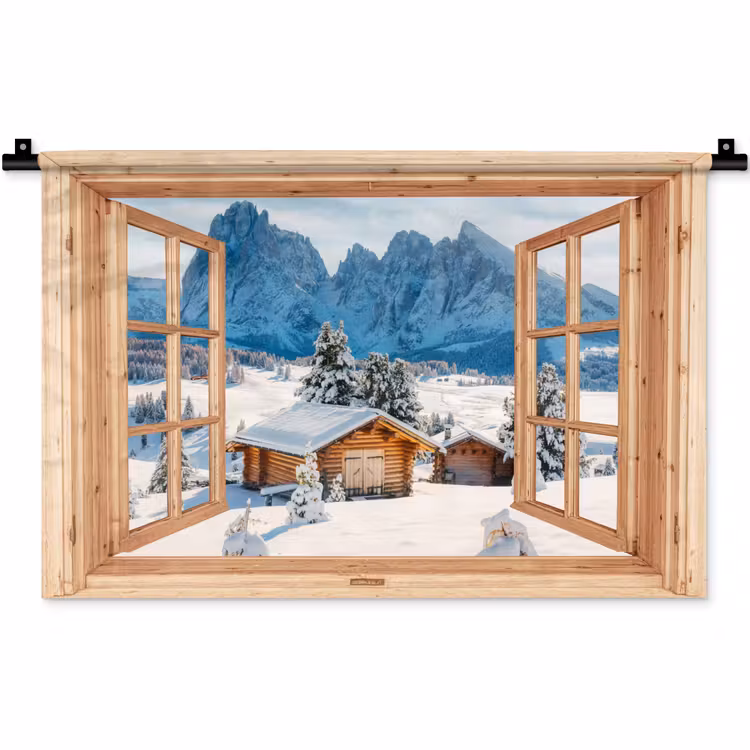 Wandkleed - Doorkijk - Winterlandschap - Huisje - Bergen - Uitzicht — 1