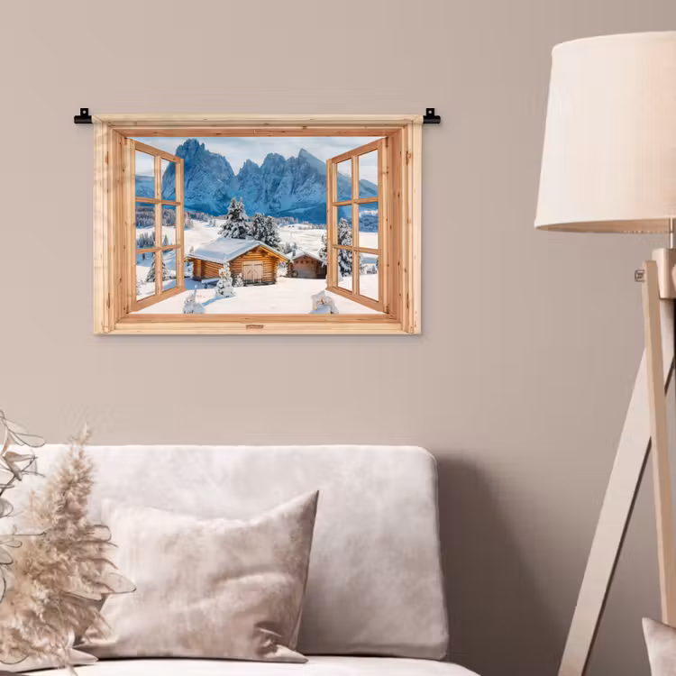 Wandkleed - Doorkijk - Winterlandschap - Huisje - Bergen - Uitzicht — 2