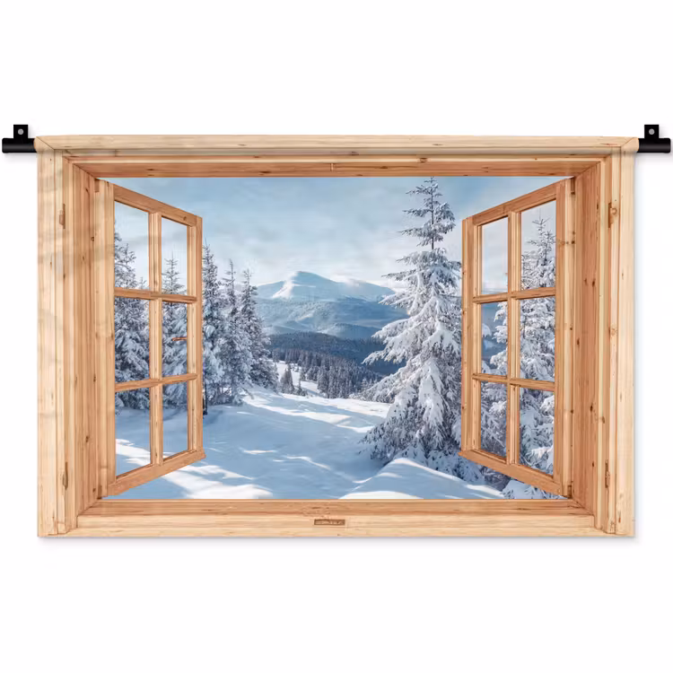 Wandkleed - Doorkijk - Winterlandschap - Natuur - Berg - Bomen - Hout — 1