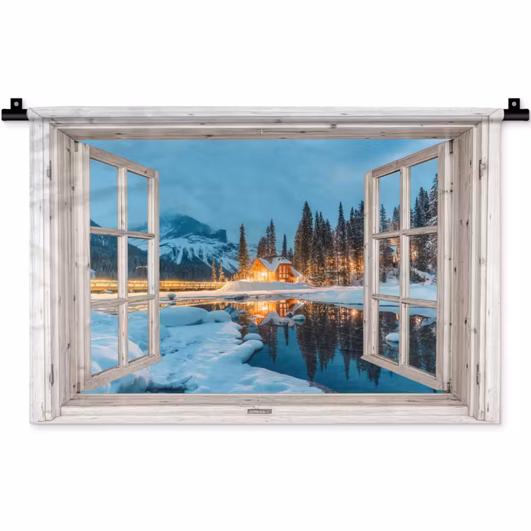 Wandkleed - Doorkijk - Winterlandschap - Natuur - Huis - Bergen — 1